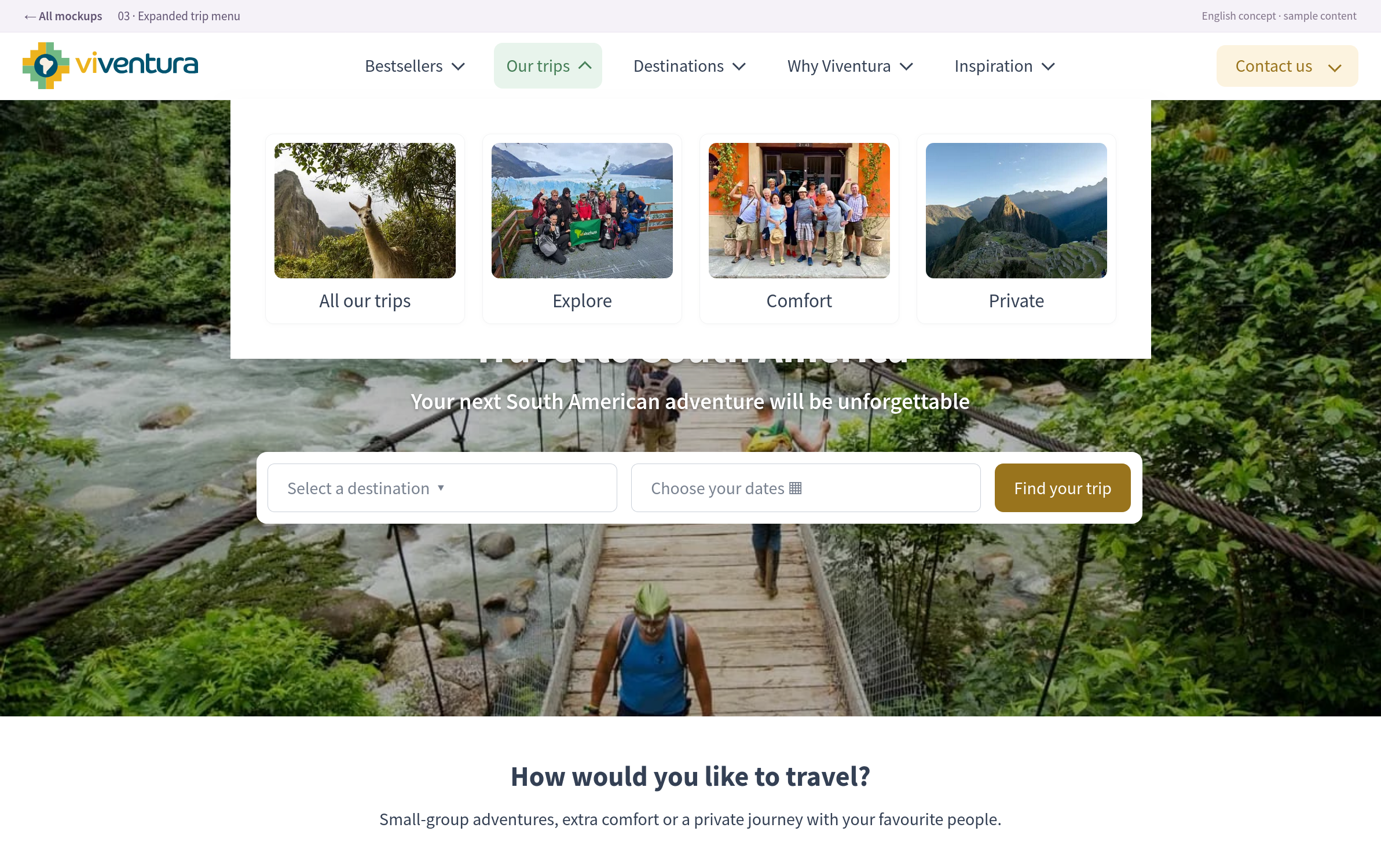 Expanded navigation with All our trips, Explore, Comfort and Private