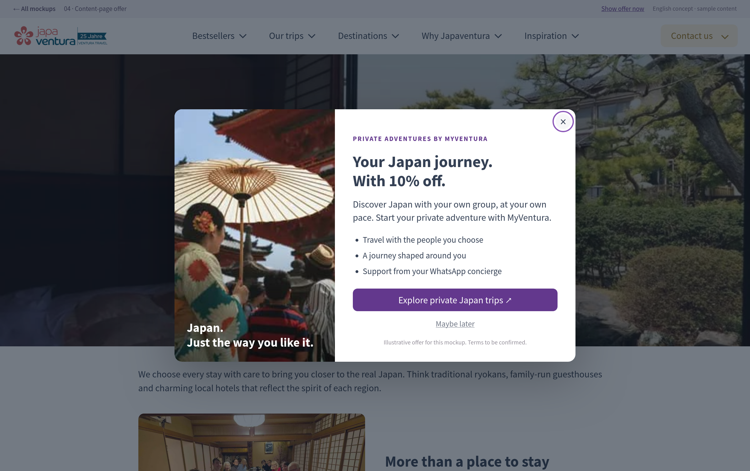 Private Japan travel offer over the accommodation page