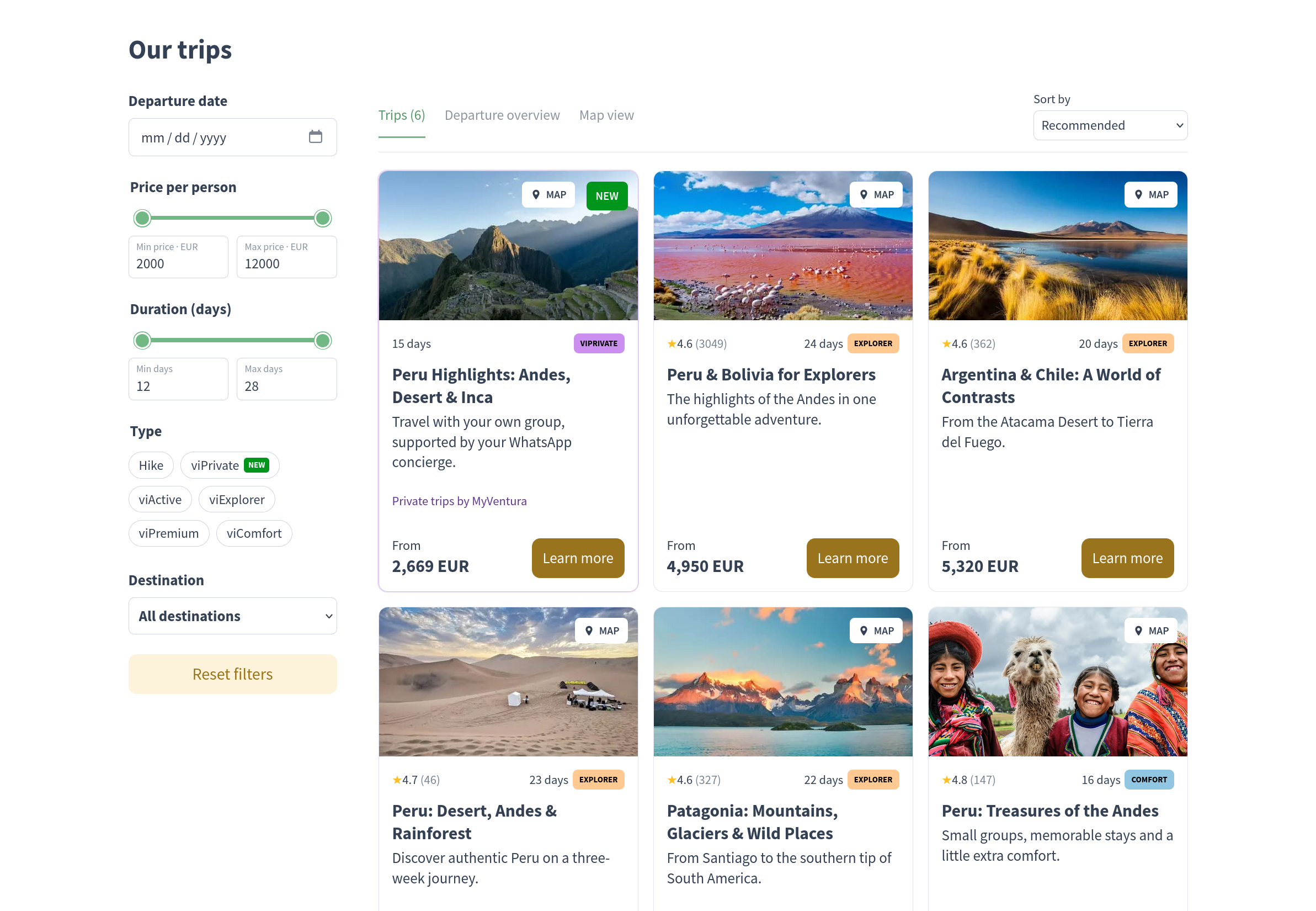 Trip listing with visible trip-type chips and a MyVentura card first